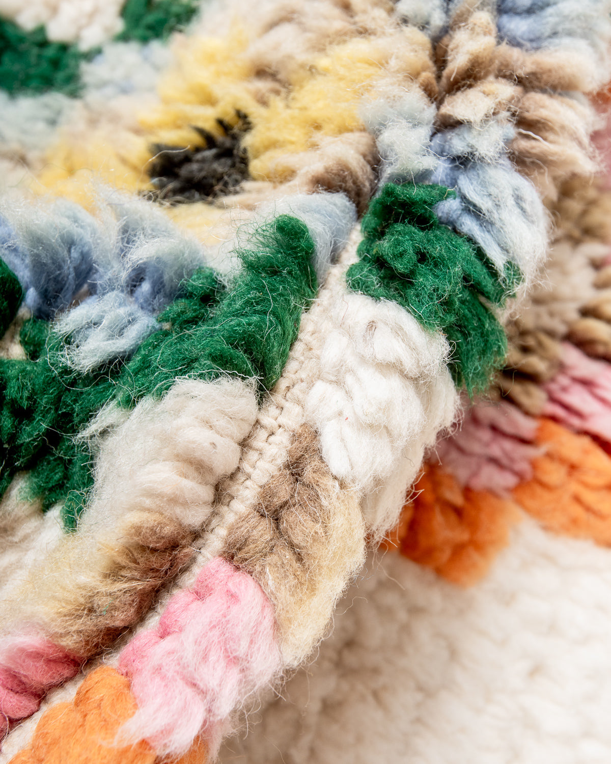 Modern, designer, handcrafted Berber rug from Morocco. Beniourain carpet with beautiful colours and patterns and fluffy wool texture.
